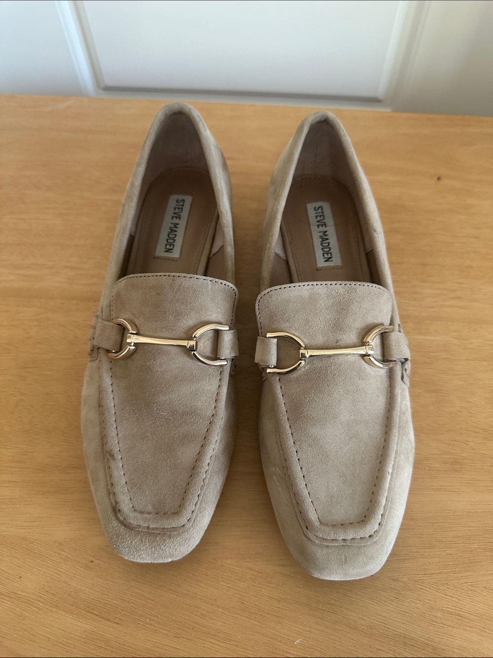 Steve Madden Beige Suede Loafers with Gold Horsebit